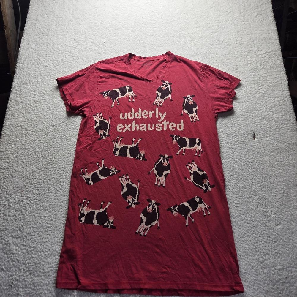 Little Blue House Sleepshirt Womens One Size Red Cow Udderly Exhausted Graphic